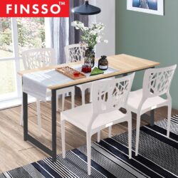 120x60 Contemporary Dining Table Black Steel with 4 White 3V HIVE Dining Chair