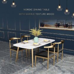 Eames Wooden Table with Marble Texture Table Top Gold Metal Frame Dining Set / 1 Table + 4 Chairs - Image 2