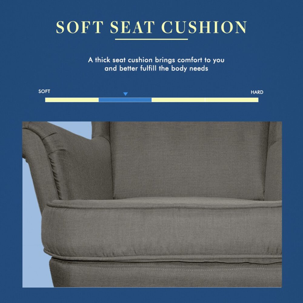 DIAMON Canvas Fabric Sofa Wing Chair With Round Stools + Cushion Pillow - Image 3