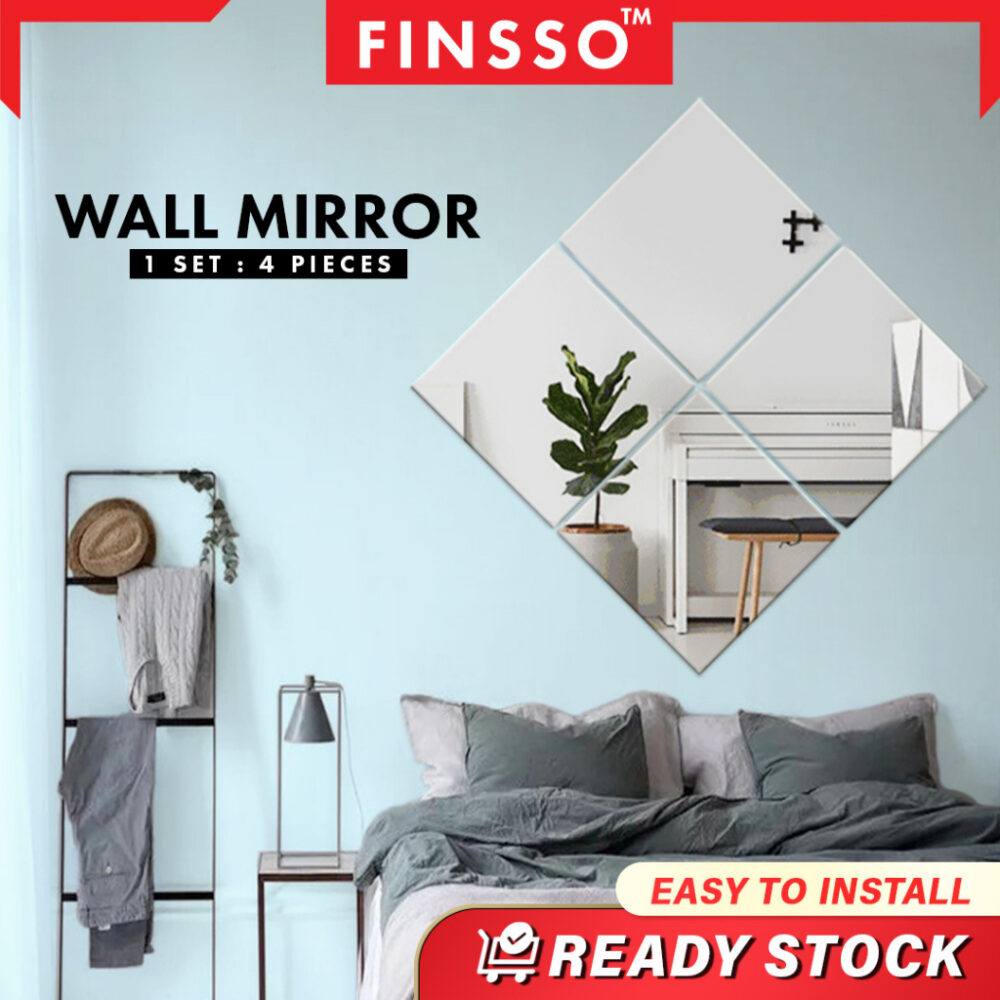 WALL MIRROR GLASS with self adhesive tape, 4pcs/pack (22x22 cm each mirror)/ CERMIN VIRAL/ CERMIN DINDING/CERMIN