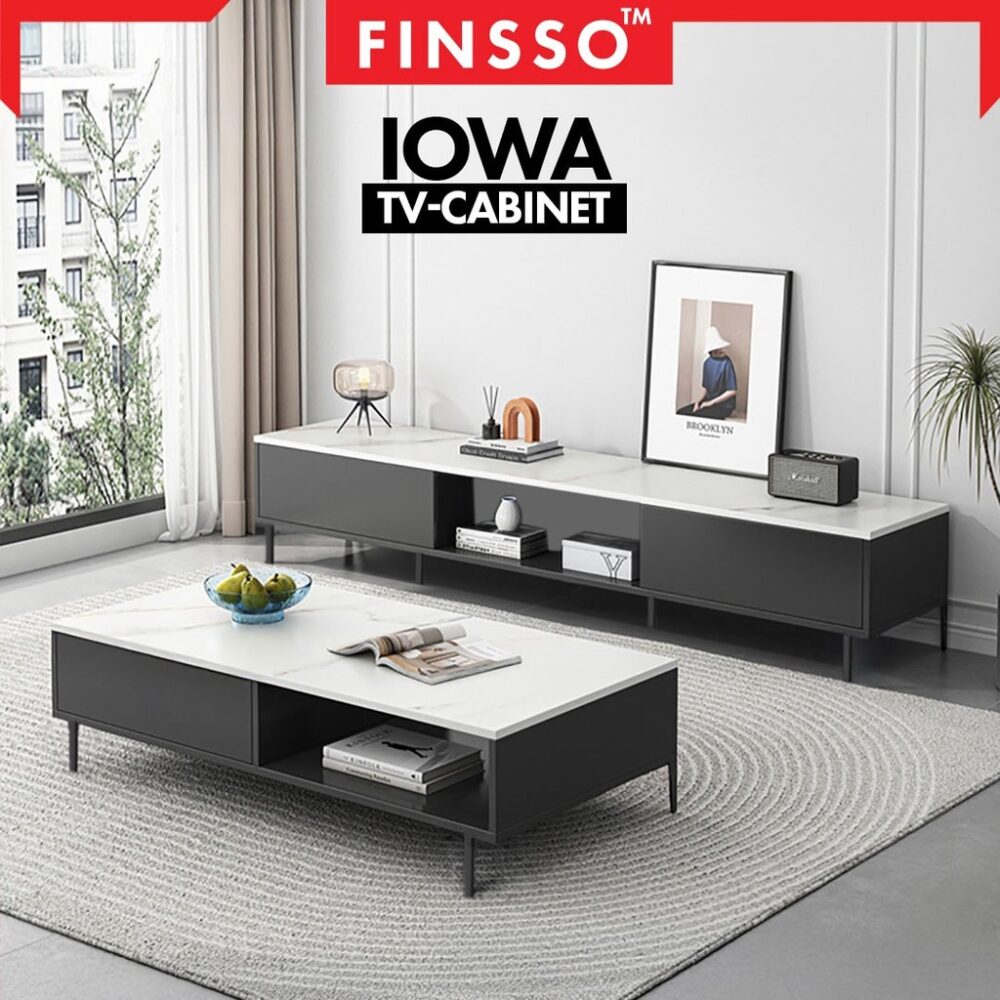 Iowa TV cabinet and coffee table with Marble texture / kabinet tv modern with storage besar / rak tv