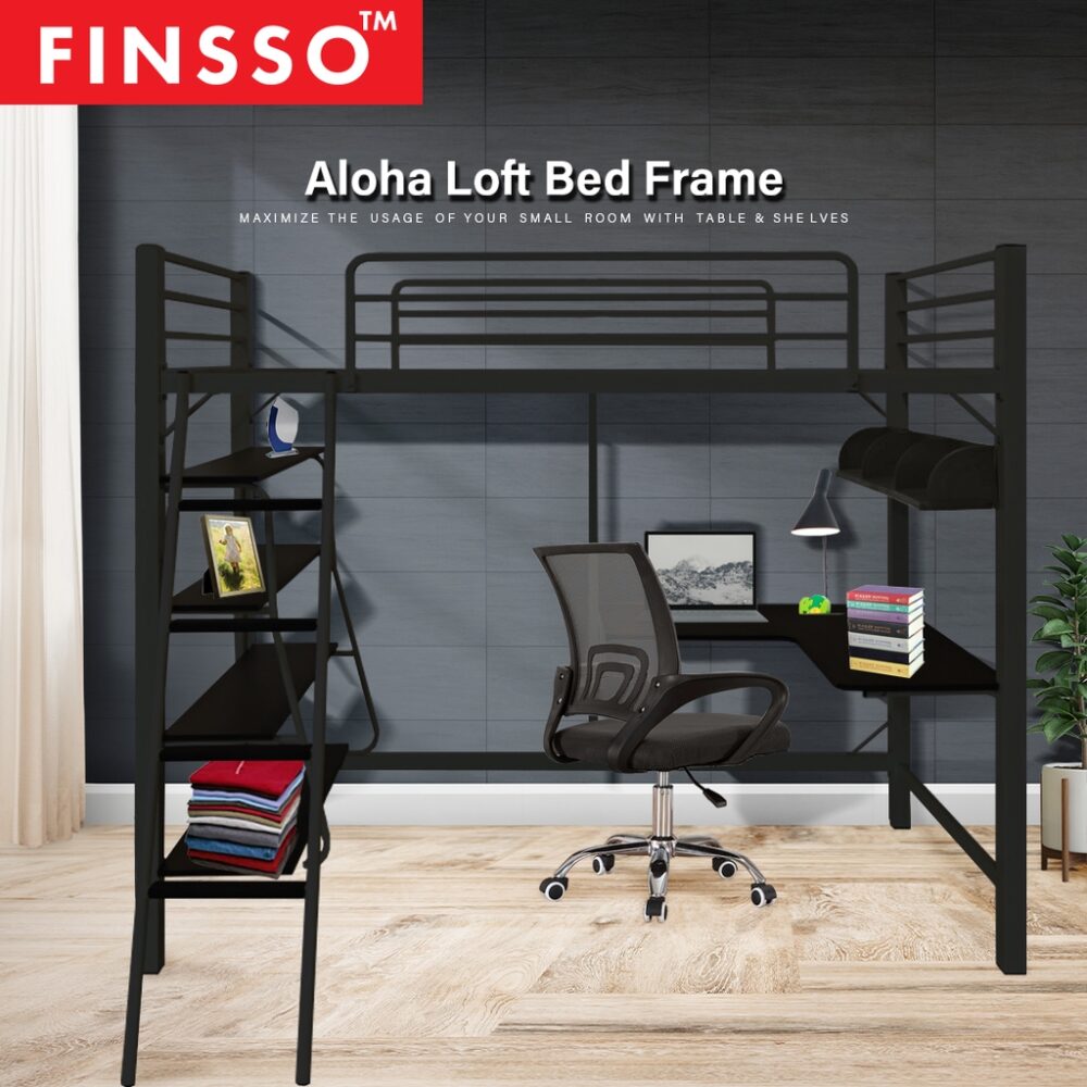 Aurora Loft Single Metal Bed Frame with Study Table & Book Shelves - Image 2