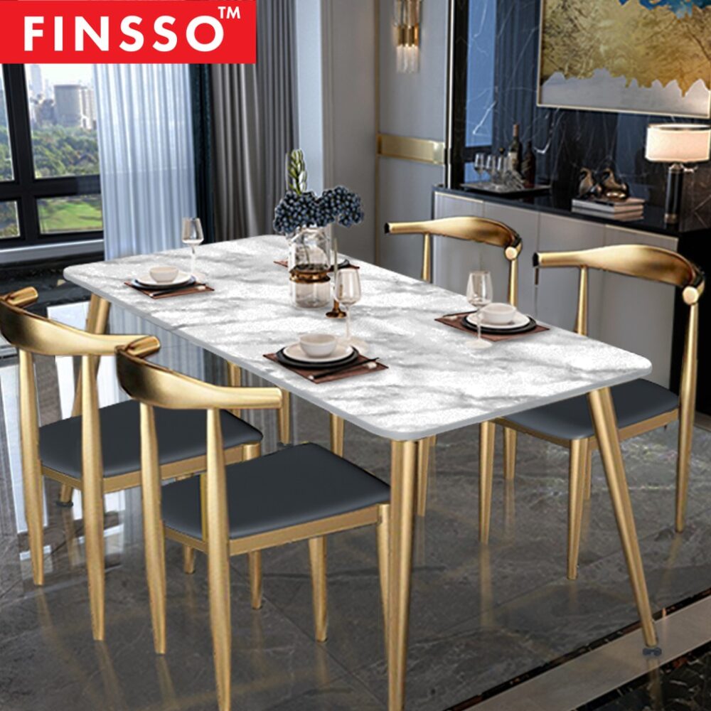 Eames Wooden Table with Marble Texture Table Top Gold Metal Frame Dining Set / 1 Table + 4 Chairs - Image 2