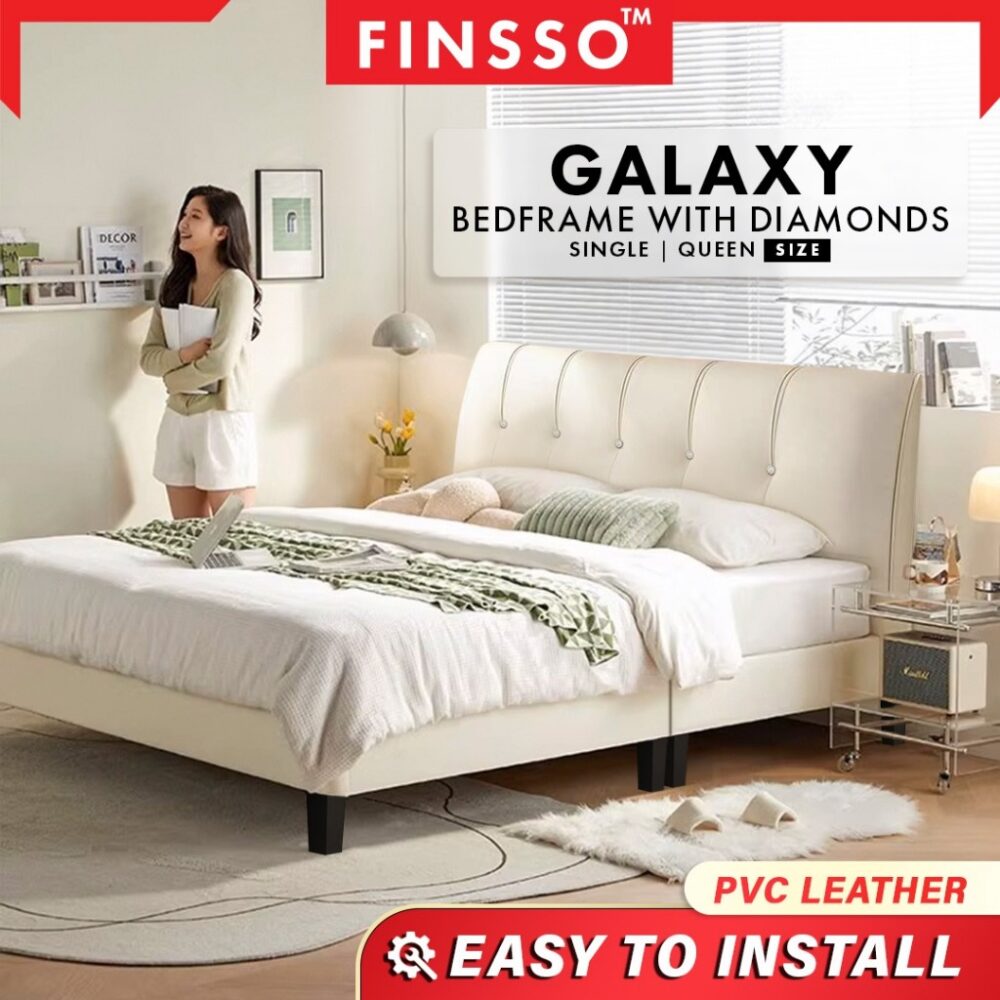 Galaxy Leather(Kulit) Bed Frame Divan Solid Wood PVC Leather With Rivet Crystal Diamond/ Katil Queen Divan Kulit - Image 2