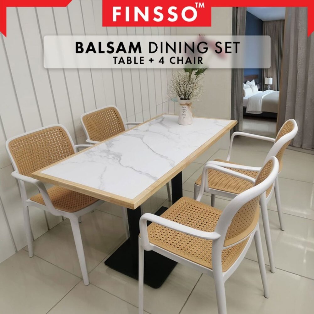 Balsam solid wood marble texture restaurant dining Table set 120 X 60 CM / meja makan 4 kerusi - Image 2