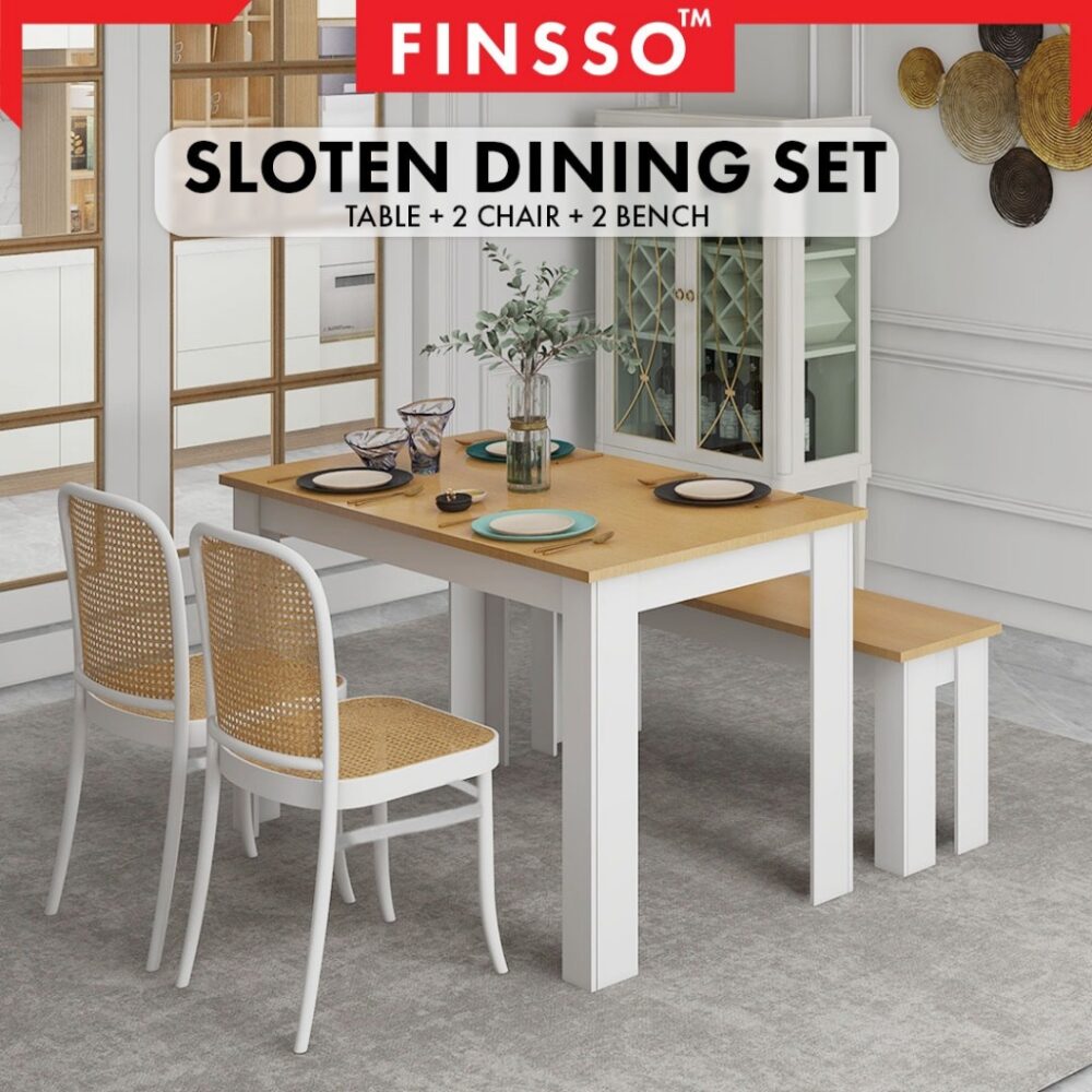 Finsso : Sloten Dining Table with 2 benches / Contemporary Simple Rectangular/ set meja makan / dining table/ 4-6 orang