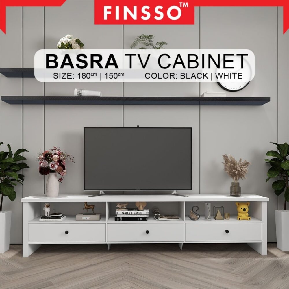 Basra Series TV Cabinet Modernist Design / Tv Rack / Console / Rak TV Meja 3 Drawer TV Console White Color - Image 2