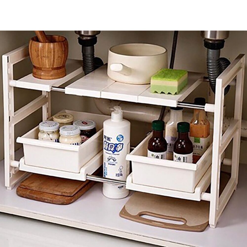 Expandable Kitchen Organizer under sink free Tray / kitchen rack / sink rack / White Laundry Bag - Image 2