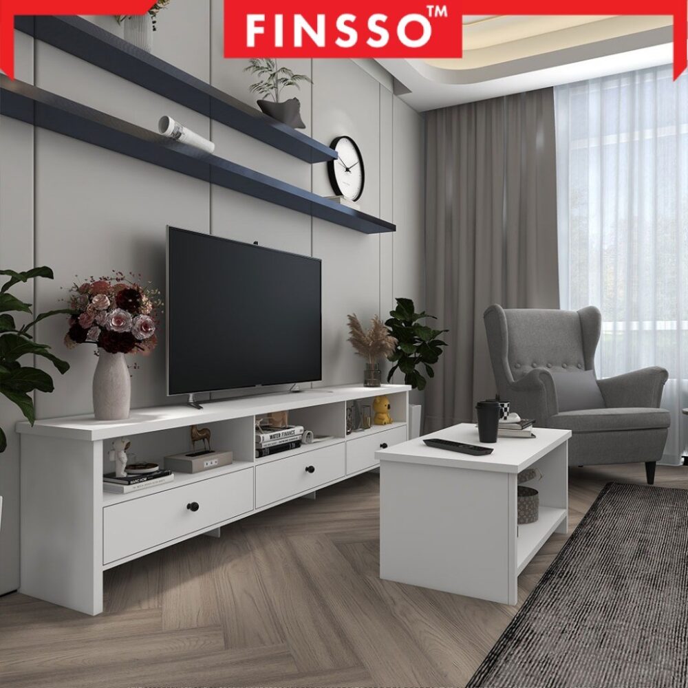Basra Series TV Cabinet Modernist Design / Tv Rack / Console / Rak TV Meja 3 Drawer TV Console White Color - Image 4
