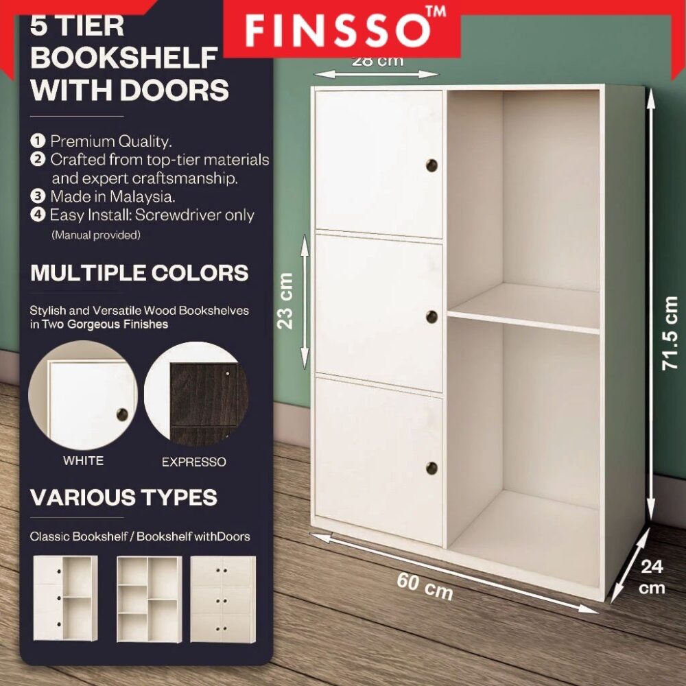 [New ✅] Finsso: 5 Tier Wooden Bookshelf with 3 Doors/ Almari Buku Budak/ Rak Buku Bertutup/ Rak Dapur/ Storage Cabinet - Image 2
