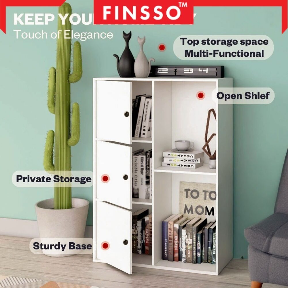 [New ✅] Finsso: 5 Tier Wooden Bookshelf with 3 Doors/ Almari Buku Budak/ Rak Buku Bertutup/ Rak Dapur/ Storage Cabinet - Image 3
