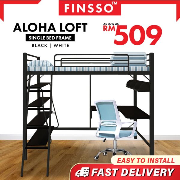 Aurora Loft Single Metal Bed Frame with Study Table & Book Shelves