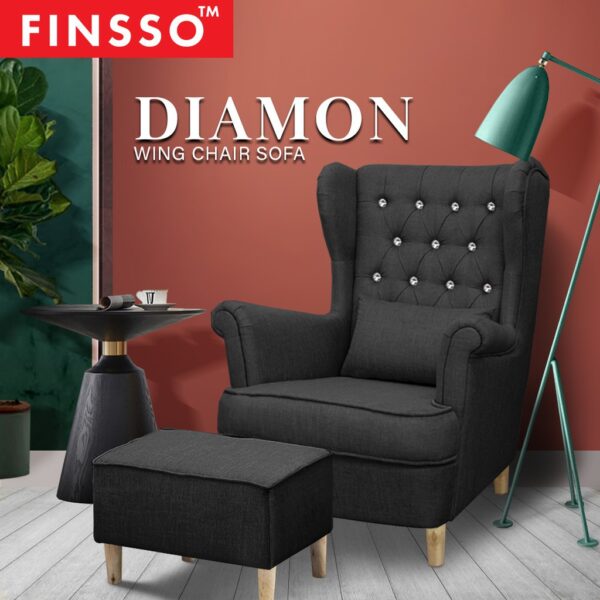 DIAMON Canvas Fabric Sofa Wing Chair With Round Stools + Cushion Pillow