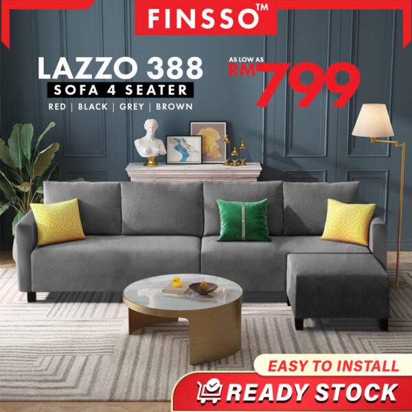 Lauren 388 4 Seater L Shape Designer Canvas Sofa with Stool 1 YEAR WARRANTY / Sofa Besar & High quality