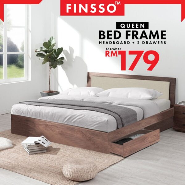 Wooden Queen Bed Frame With 2 Drawers with Sponge/ katil Queen with sponge headboard / Katil kualiti