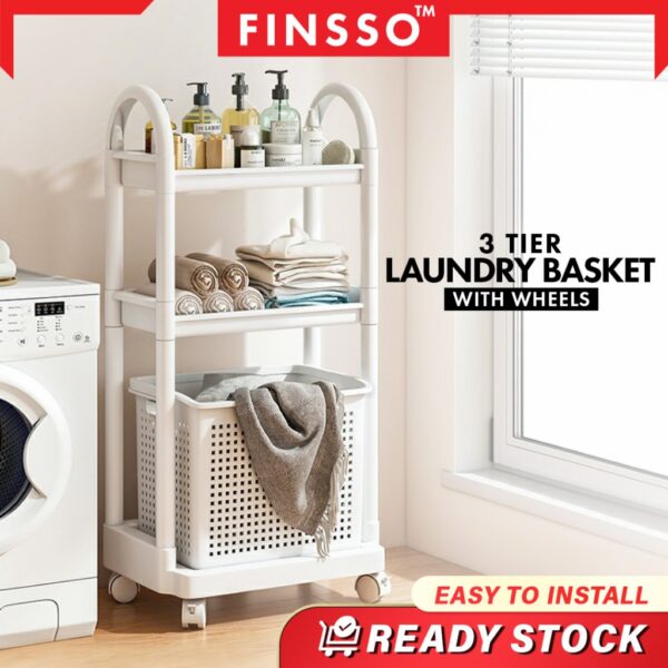 3 Tier Laundry Basket With Wheels Dirty Clothes Basket Bathroom Storage Trolley Big Size Bakul Baju
