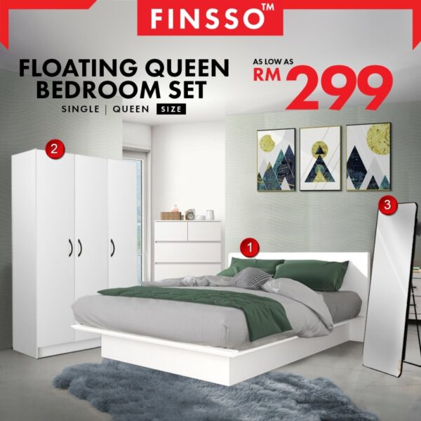 Bedroom Set- Bed Frame + Wardrobe + Standing Mirror/3 in 1 bedroom set / Katil Queen