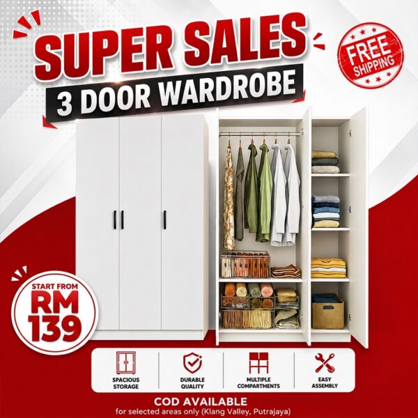 [FREE SHIPPING] Almari Baju Kayu 3 Pintu | Wardrobe with Minimalist Design | 170 X 90 X 41.5 CM