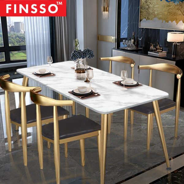 Eames Wooden Table with Marble Texture Table Top Gold Metal Frame Dining Set / 1 Table + 4 Chairs