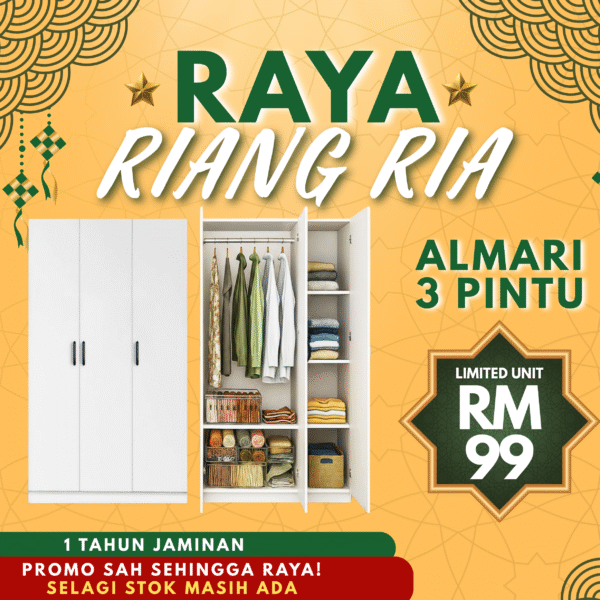 Almari Baju Murah + High Quality | 3 Door Wooden Wardrobe + Minimalist Design