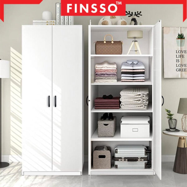 Almari Baju Murah 2 Door 5 Tier | Hanging Wooden Wardrobe | Multi-Function Wardrobe