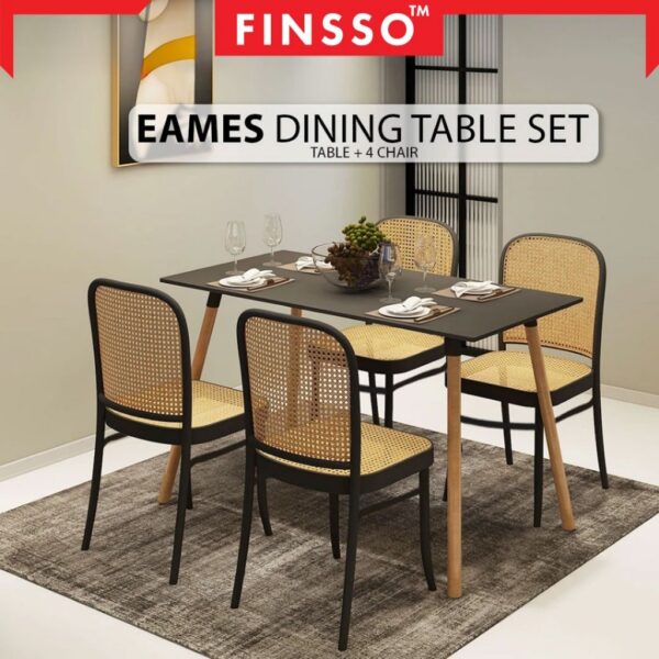 Premium Dining Set with 4 Rattan Chairs | Set Meja Makan 4 Kerusi | Eames Dining Set