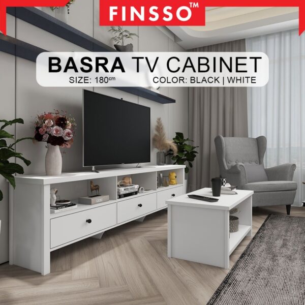 Basra TV Cabinet Modernist Design / Tv Rack / Rak TV Meja 3 Drawer TV Console White Color