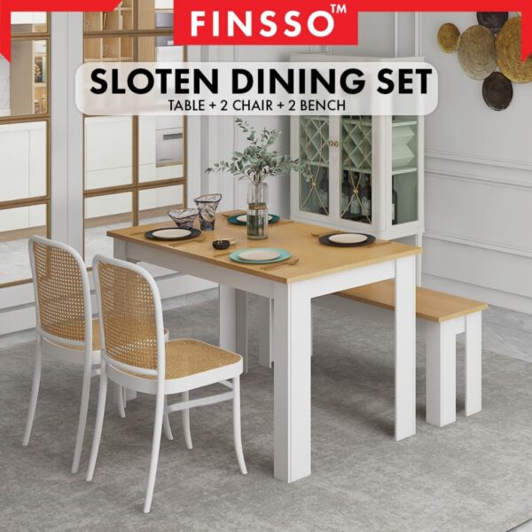 Sloten Dining Table with 2 benches / Contemporary Simple Rectangular/ set meja makan / dining table/ 4-6 orang