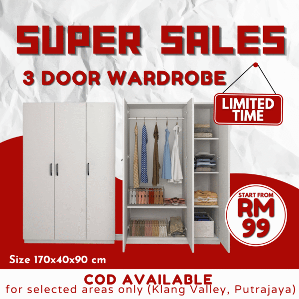 Almari Baju Kayu 3 Pintu | Wardrobe with Minimalist Design | 170 X 90 X 41.5 CM