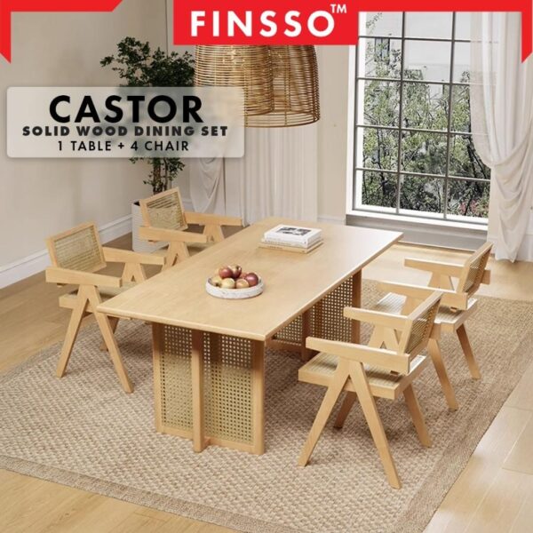 Nordic Solid Wood Rattan Dining Table Set Meja Makan Moden + Kerusi Rotan / Castor Dining Table Furniture