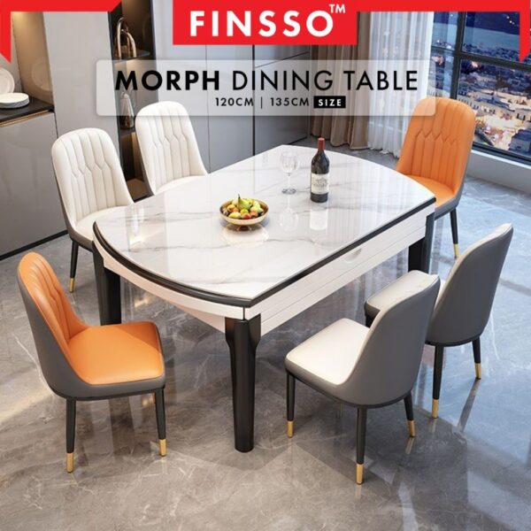 Luxury Expandable Dining Table (Stone Top) + Rubber Wood Legs | Meja Makan 6 Kerusi | Morph