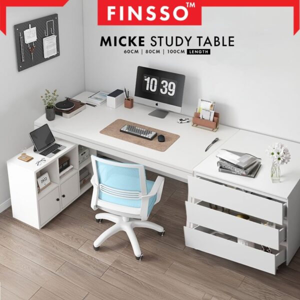 meja belajar + rak buku bawah + drawer set / study table with bookshelf / table L