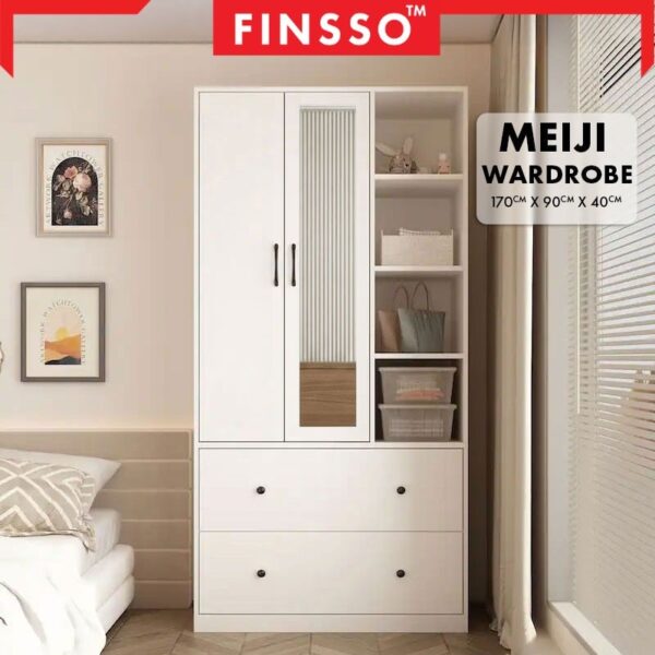 3 Door Wardrobe with Mirror | Almari Baju Minimalist | Wooden Almari with Laci, Rak & Drawer | Meiji Mirror