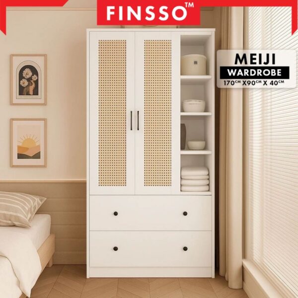 Almari Baju + Storage & Drawers | Wooden Wardrobe Storage Cabinet with Rak & Drawer | Meiji